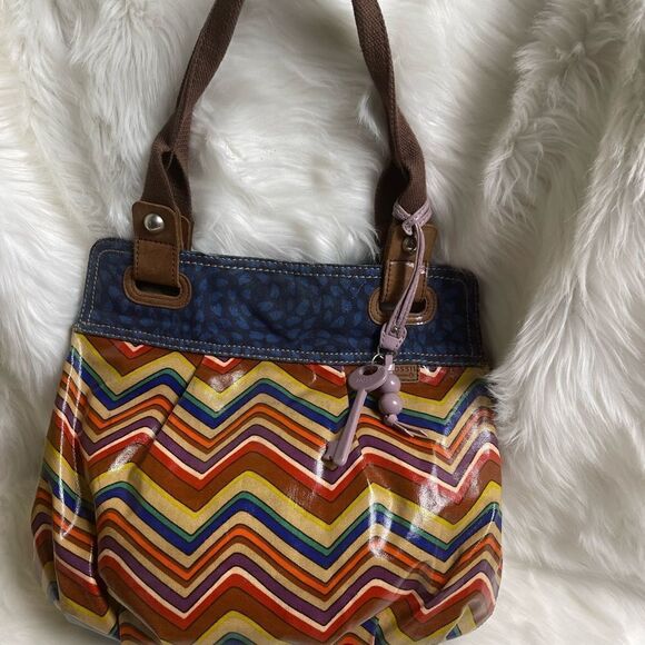 Fossil key Per multi color zigzag coated canvas ltote with blue & brown … - Picture 13 of 14